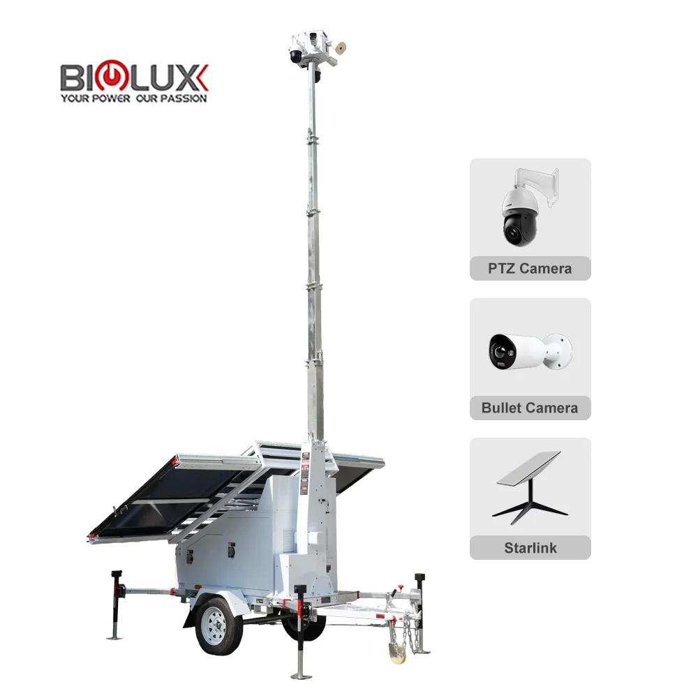 PTZ camera on solar powered security tower for remote monitoring