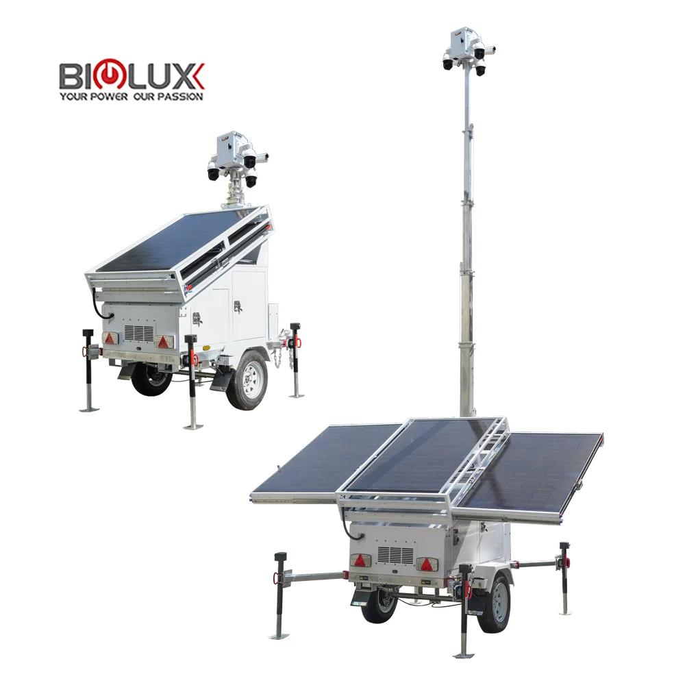 Mobile solar CCTV tower overview showing trailer and mast